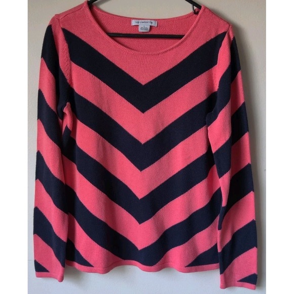 Liz Claiborne Sweaters - Liz Claiborne Women's Pullover Knit Sweater Pink/Black Chevron Design Size Large